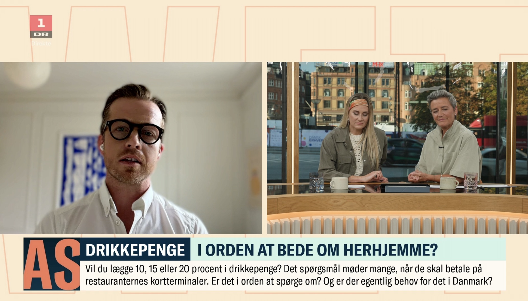 Jeppe Møller-Herskind gav sit indspark til debatten, hvor vært Mette Bluhme Rieck og gæstevært Margrethe Vestager styrede debatten. Foto: DR